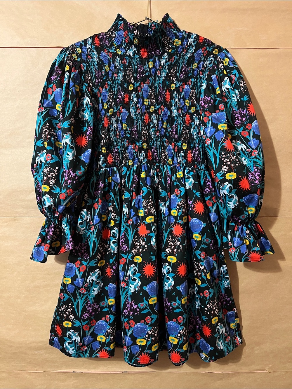 Borgo De Nor Catri Shirred Cotton Mini Dress Smocked Floral Midnight Sun Size 8